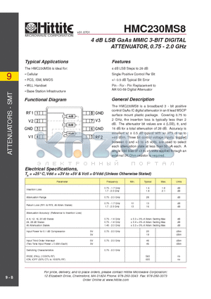 HMC230MS8 datasheet - 4 dB LSB GaAs MMIC 3-BIT DIGITAL ATTENUATOR, 0.75 - 2.0 GHz