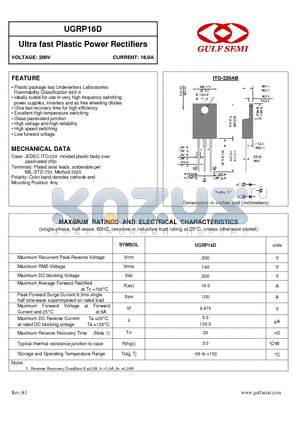 UGRP16D datasheet - Ultra fast Plastic Power Rectifiers