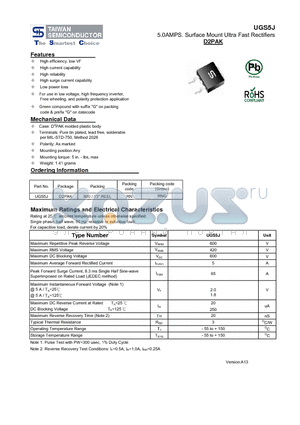 UGS5J datasheet - 5.0AMPS. Surface Mount Ultra Fast Rectifiers High current capability
