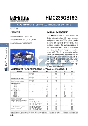 HMC235QS16G datasheet - GaAs MMIC SMT 5 - BIT DIGITAL ATTENUATOR DC - 4 GHz