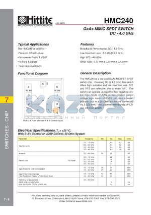 HMC240 datasheet - GaAs MMIC SPDT SWITCH DC - 4.0 GHz