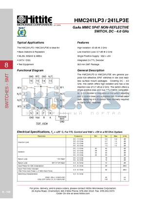 HMC241LP3E datasheet - GaAs MMIC SP4T NON-REFLECTIVE SWITCH, DC - 4.0 GHz