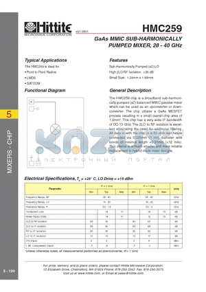 HMC259_01 datasheet - GaAs MMIC SUB-HARMONICALLY PUMPED MIXER, 28 - 40 GHz