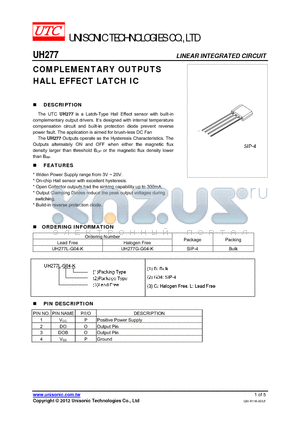 UH277 datasheet - COMPLEMENTARY OUTPUTS HALL EFFECT LATCH IC