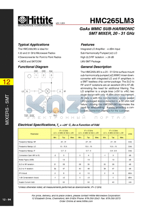 HMC265LM3 datasheet - GaAs MMIC SUB-HARMONIC SMT MIXER, 20 - 31 GHz