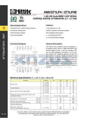 HMC271LP4E datasheet - 1 dB LSB GaAs MMIC 5-BIT SERIAL CONTROL DIGITAL ATTENUATOR, 0.7 - 3.7 GHz