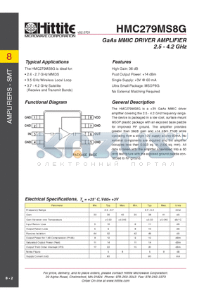 HMC279MS8G datasheet - GaAs MMIC DRIVER AMPLIFIER 2.5 - 4.2 GHz