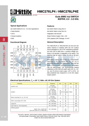 HMC276LP4E datasheet - GaAs MMIC 4x2 SWITCH MATRIX, 0.2 - 3.0 GHz