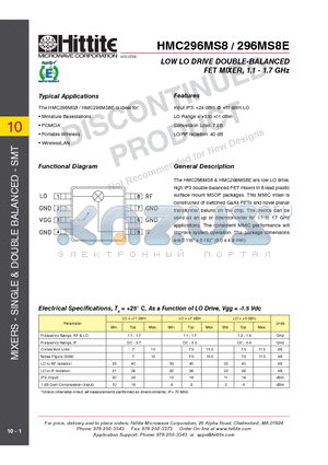 HMC296MS8_10 datasheet - LOW LO DRIVE DOUBLE-BALANCED FET MIXER, 1.1 - 1.7 GHz