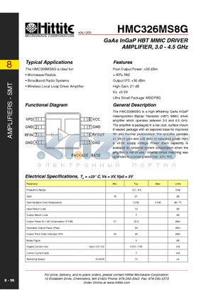 HMC326MS8 datasheet - GaAs InGaP HBT MMIC DRIVER AMPLIFIER, 3.0 - 4.5 GHz