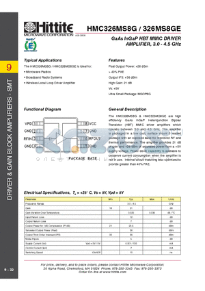 HMC326MS8G_09 datasheet - GaAs InGaP HBT MMIC DRIVER AMPLIFIER, 3.0 - 4.5 GHz