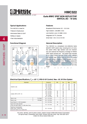 HMC322 datasheet - GaAs MMIC SP8T NON-REFLECTIVE SWITCH, DC - 10 GHz