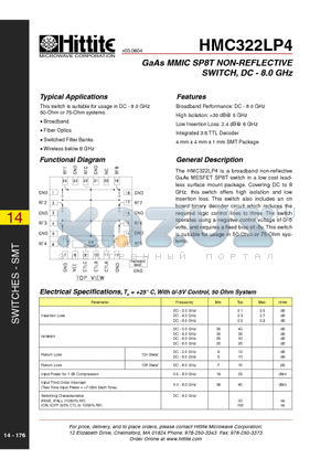 HMC322LP4 datasheet - GaAs MMIC SP8T NON-REFLECTIVE SWITCH, DC - 8.0 GHz