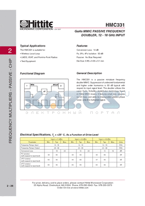 HMC331 datasheet - GaAs MMIC PASSIVE FREQUENCY DOUBLER, 12 - 18 GHz INPUT