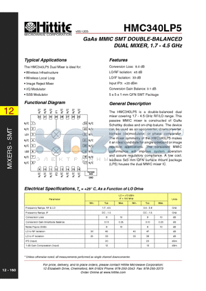 HMC340LP5 datasheet - GaAs MMIC SMT DOUBLE-BALANCED DUAL MIXER, 1.7 - 4.5 GHz