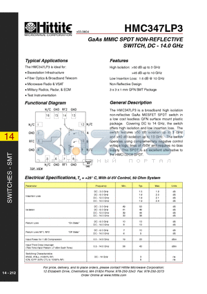 HMC347LP3 datasheet - GaAs MMIC SPDT NON-REFLECTIVE SWITCH, DC - 14.0 GHz