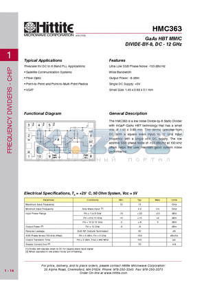 HMC363 datasheet - GaAs HBT MMIC DIVIDE-BY-8, DC - 12 GHz