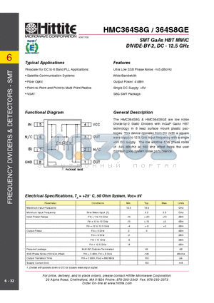 HMC364S8G_09 datasheet - SMT GaAs HBT MMIC DIVIDE-BY-2, DC - 12.5 GHz