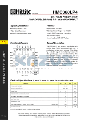 HMC368LP4 datasheet - SMT GaAs PHEMT MMIC AMP-DOUBLER-AMP, 9.0 - 16.0 GHz OUTPUT