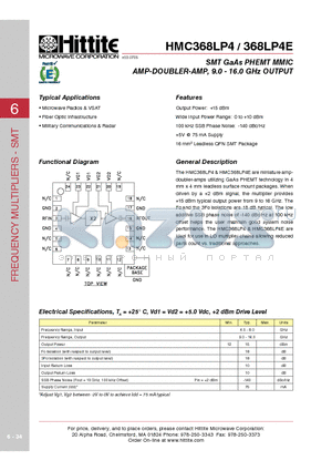 HMC368LP4 datasheet - SMT GaAs PHEMT MMIC AMP-DOUBLER-AMP, 9.0 - 16.0 GHz OUTPUT