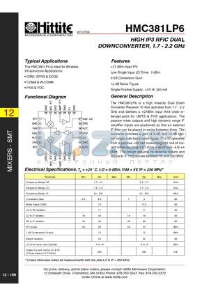 HMC381LP6 datasheet - HIGH IP3 RFIC DUAL DOWNCONVERTER, 1.7 - 2.2 GHz