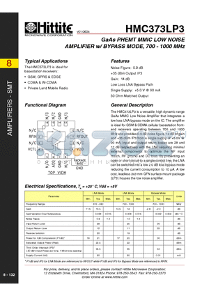 HMC373LP3 datasheet - GaAs PHEMT MMIC LOW NOISE AMPLIFIER w/ BYPASS MODE, 700 - 1000 MHz