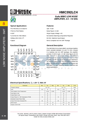 HMC392LC4 datasheet - GaAs MMIC LOW NOISE AMPLIFIER, 3.5 - 7.0 GHz