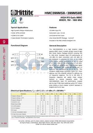 HMC399MS8 datasheet - HIGH IP3 GaAs MMIC MIXER, 700 - 1000 MHz