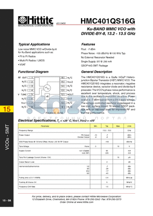 HMC401QS16G datasheet - Ku-BAND MMIC VCO with DIVIDE-BY-8, 13.2 - 13.5 GHz