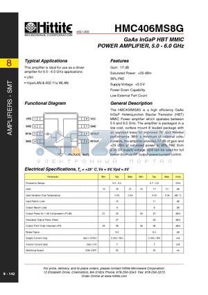 HMC406MS8G datasheet - GaAs InGaP HBT MMIC POWER AMPLIFIER, 5.0 - 6.0 GHz