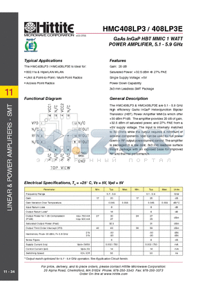 HMC408LP3 datasheet - GaAs InGaP HBT MMIC 1 WATT POWER AMPLIFIER, 5.1 - 5.9 GHz