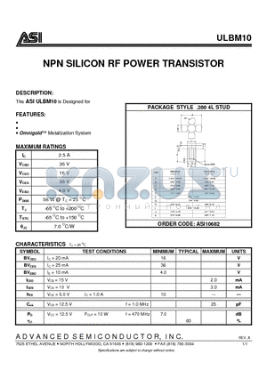ULBM10 datasheet - NPN SILICON RF POWER TRANSISTOR