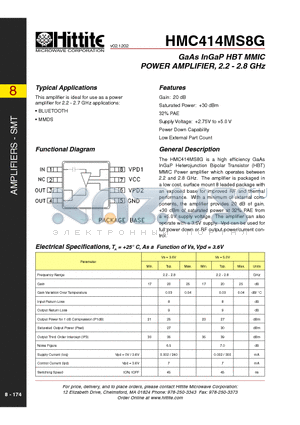 HMC414MS8G datasheet - GaAs InGaP HBT MMIC POWER AMPLIFIER, 2.2 - 2.8 GHz