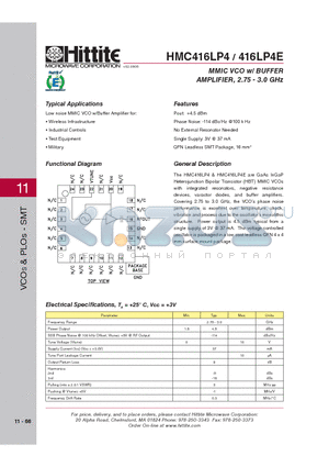 HMC416LP4_08 datasheet - MMIC VCO w/ BUFFER AMPLIFIER, 2.75 - 3.0 GHz