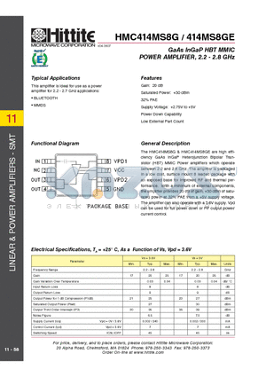 HMC414MS8GE datasheet - GaAs InGaP HBT MMIC POWER AMPLIFIER, 2.2 - 2.8 GHz