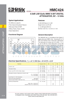 HMC424 datasheet - 0.5dB LSB GaAs MMIC 6-BIT DIGITAL ATTENUATOR, DC - 13 GHz