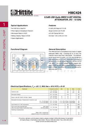 HMC424 datasheet - 0.5dB LSB GaAs MMIC 6-BIT DIGITAL ATTENUATOR, DC - 13 GHz