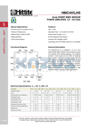 HMC441LH5 datasheet - GaAs PHEMT MMIC MEDIUM POWER AMPLIFIER, 7.0 - 15.5 GHz