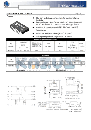 NS0013C datasheet - 10/100 PC CARD LAN MAGNETICS
