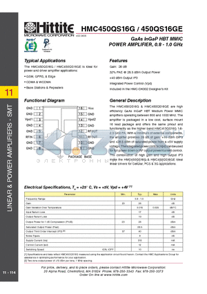 HMC450QS16G datasheet - GaAs InGaP HBT MMIC POWER AMPLIFIER, 0.8 - 1.0 GHz