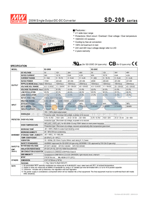 SD-200 datasheet - 200W Single Output DC-DC Converter