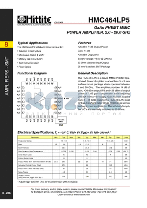 HMC464LP5 datasheet - GaAs PHEMT MMIC POWER AMPLIFIER, 2.0 - 20.0 GHz