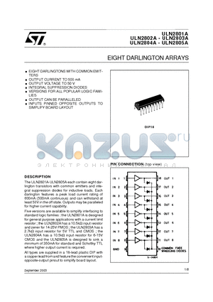 ULN2804A datasheet - EIGHT DARLINGTON ARRAYS