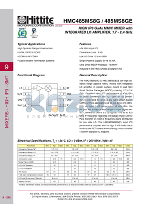 HMC485MS8G datasheet - HIGH IP3 GaAs MMIC MIXER with INTEGRATED LO AMPLIFIER, 1.7 - 2.4 GHz