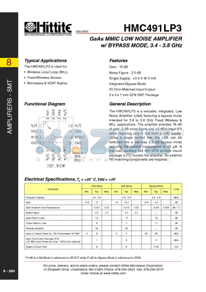 HMC491LP3 datasheet - GaAs MMIC LOW NOISE AMPLIFIER w/ BYPASS MODE, 3.4 - 3.8 GHz