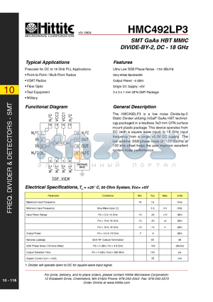 HMC492LP3 datasheet - SMT GaAs HBT MMIC DIVIDE-BY-2, DC - 18 GHz