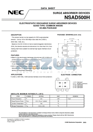 NSAD500H datasheet - ELECTROSTATIC DISCHARGE SURGE ABSORBER DEVICES QUAD TYPE: COMMON ANODE SC-88A PACKAGE