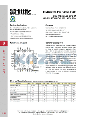 HMC497LP4 datasheet - SiGe WIDEBAND DIRECT MODULATOR RFIC, 100 - 4000 MHz