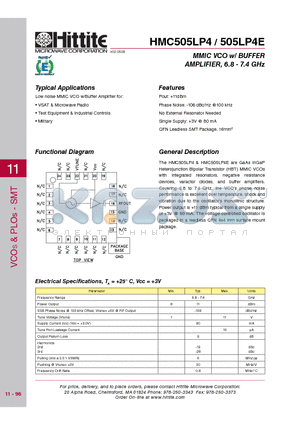 HMC505LP4_08 datasheet - MMIC VCO w/ BUFFER AMPLIFIER, 6.8 - 7.4 GHz