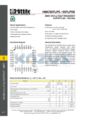 HMC507LP5 datasheet - MMIC VCO w/ HALF FREQUENCY OUTPUT 6.65 - 7.65 GHz